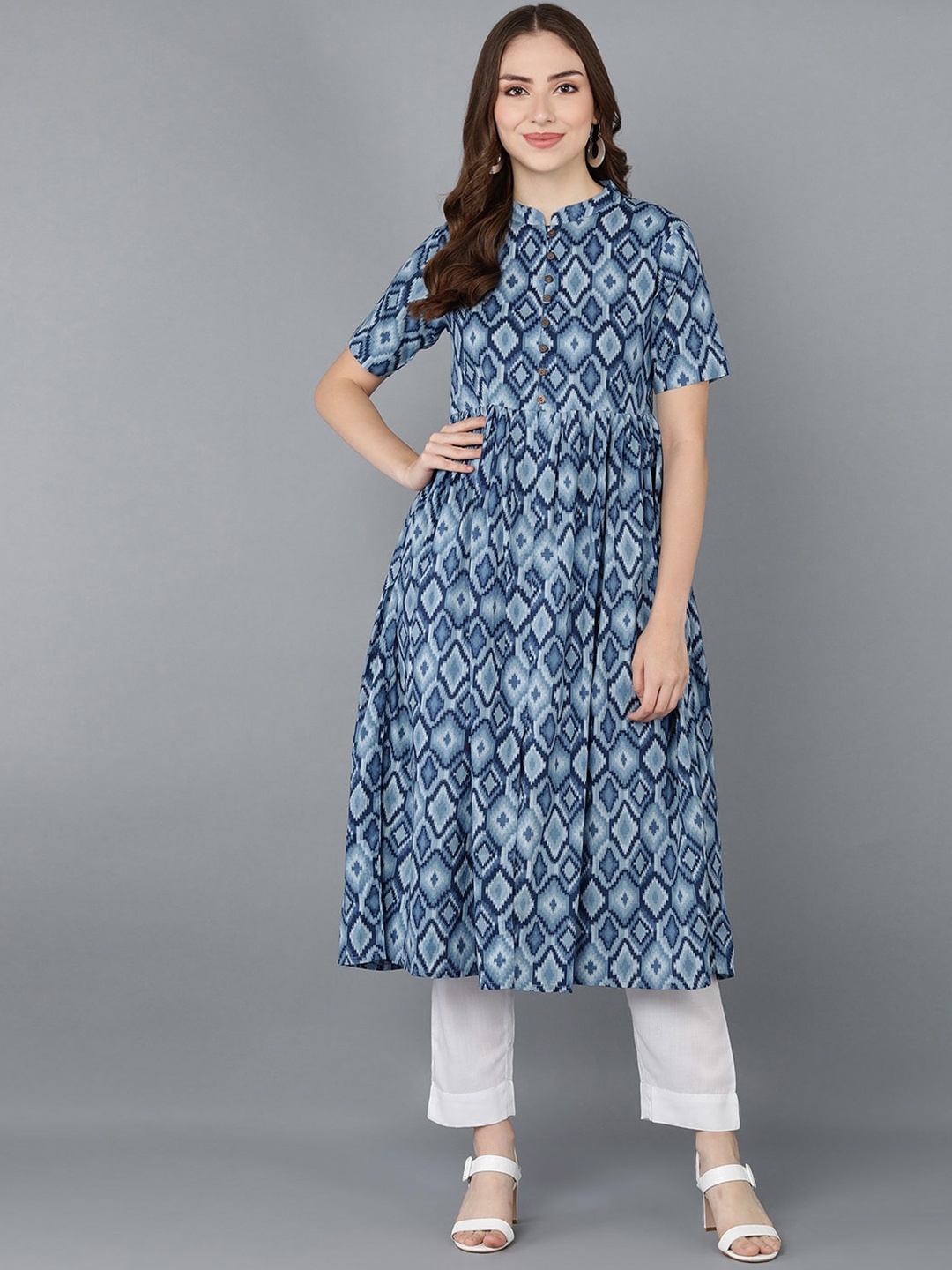 

AHIKA Mandarin Collar Short Sleeves Abstract Printed Rayon A Line Kurta, Blue