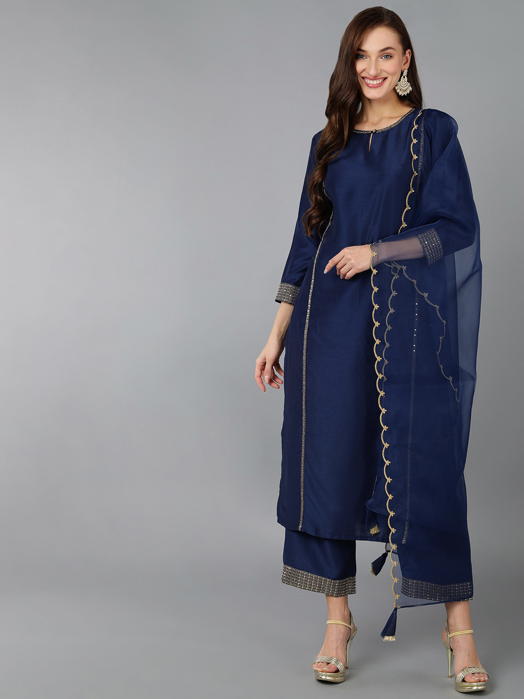 

AHIKA Navy Blue Striped Thread Work Detailed Straight Kurta & Trouser With Dupatta