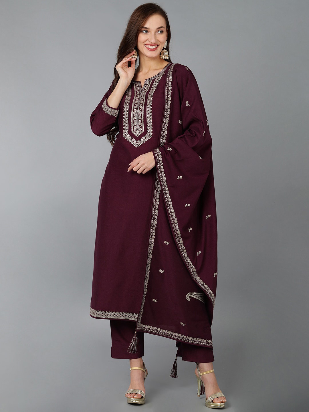

AHIKA Burgundy Ethnic Motifs Yoke Design Thread Work Straight Kurta & Trouser With Dupatta