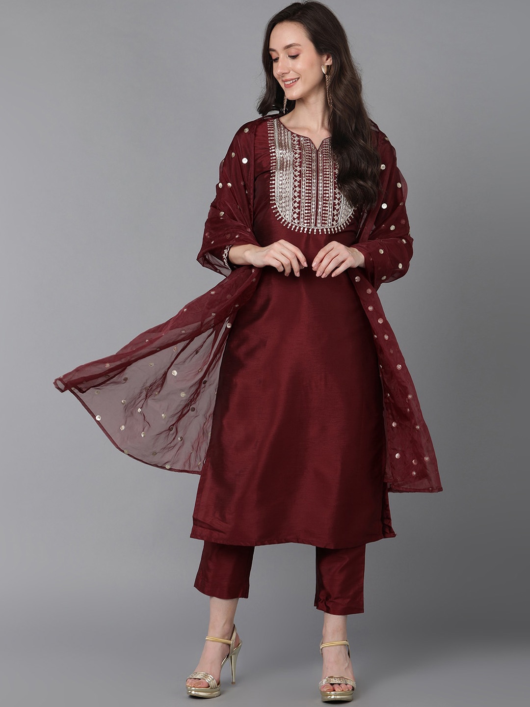 

AHIKA Maroon Ethnic Motifs Yoke Design Sequinned Straight Kurta & Trouser With Dupatta