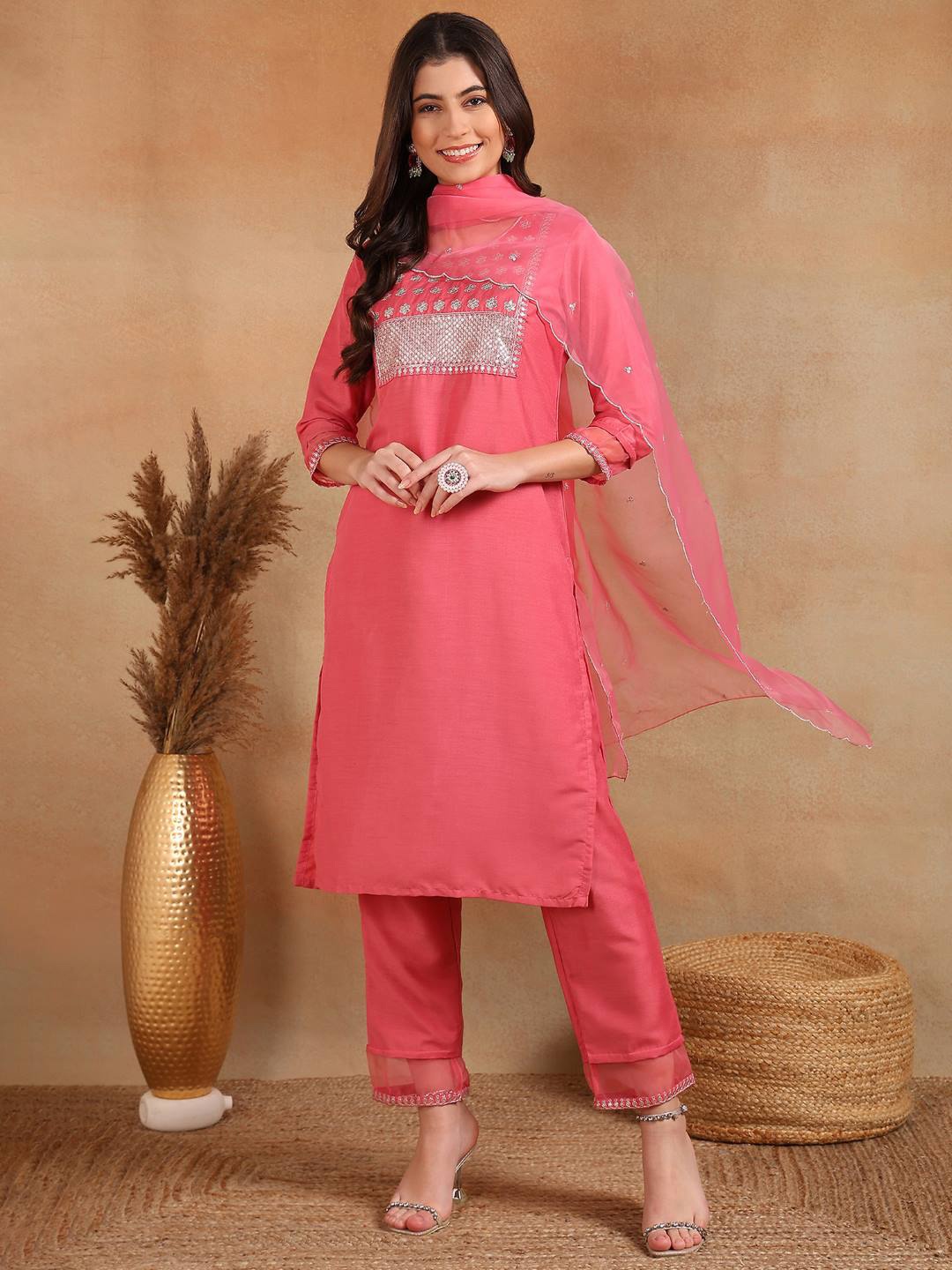 

AHIKA Pink Ethnic Motifs Yoke Design Sequinned Straight Kurta & Trouser With Dupatta