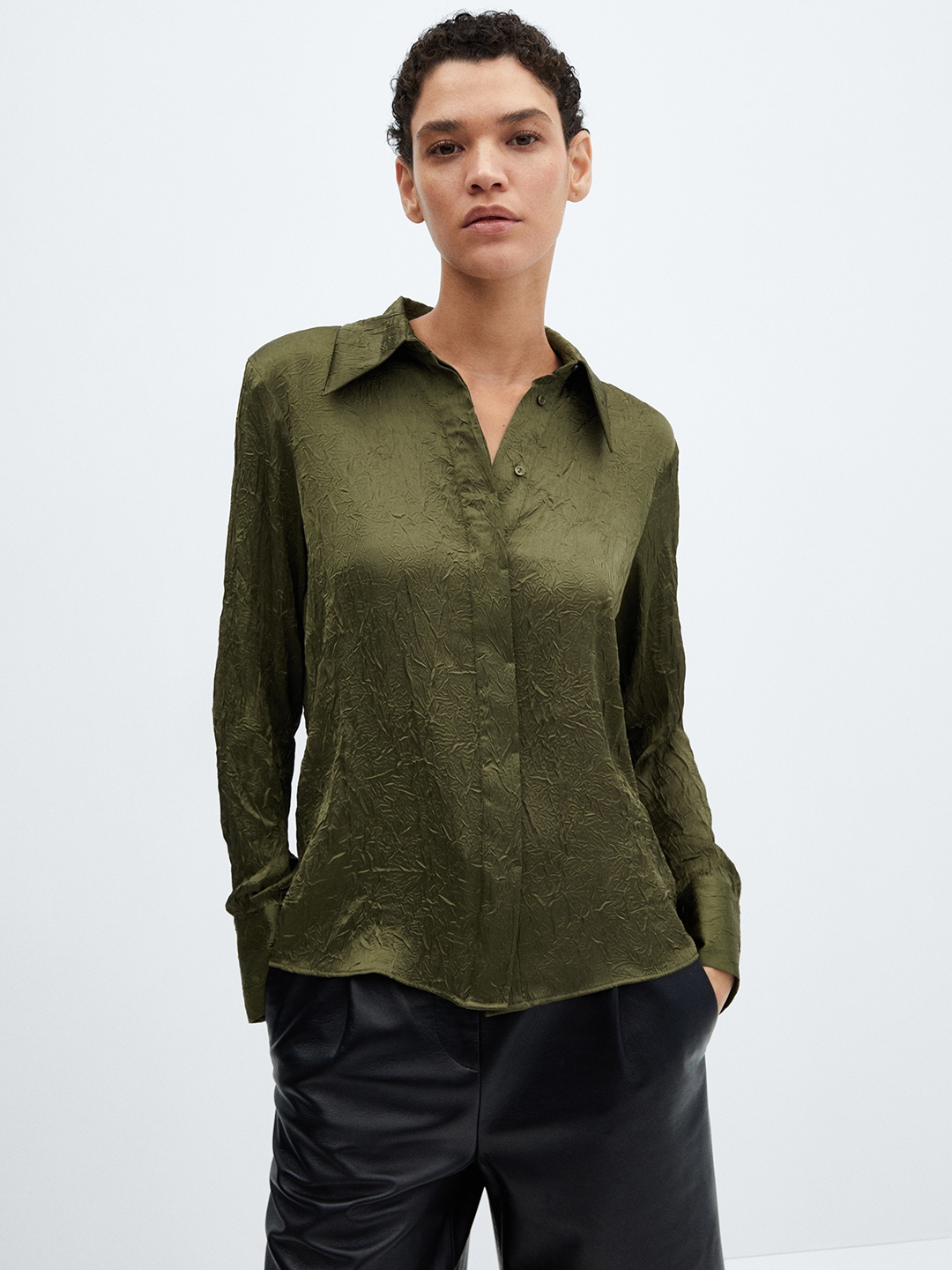 

MANGO Satin-Finish Textured Shirt, Olive
