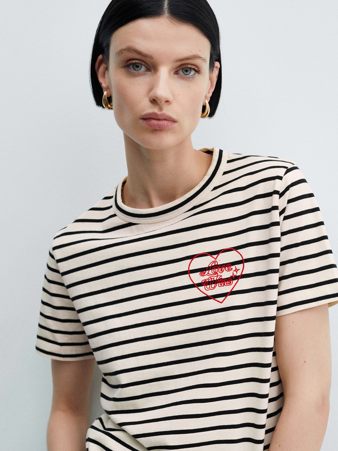 

MANGO Striped Embroidered Detail Pure Cotton T-shirt, White