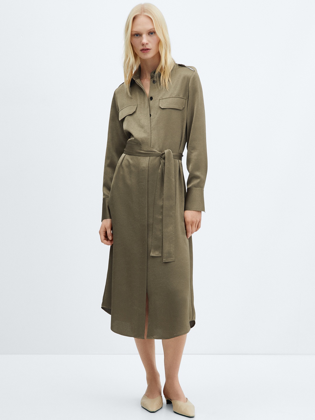 

MANGO Satin Finish Self Designed Shirt Style Midi Dress, Olive