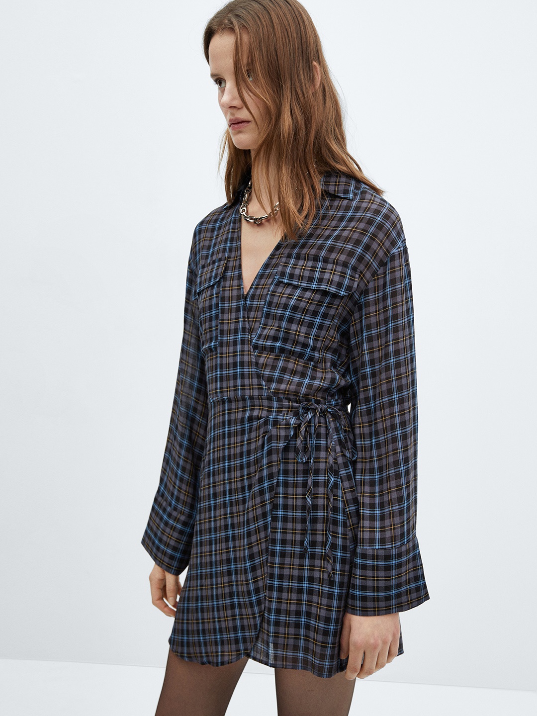 

MANGO Checked Wrap Dress, Grey