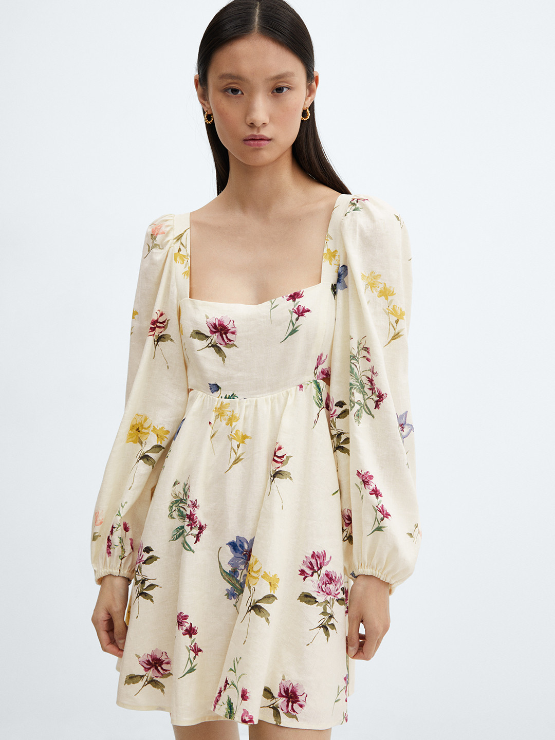 

MANGO Floral Print Puff Sleeve Linen A-Line Mini Dress, Off white