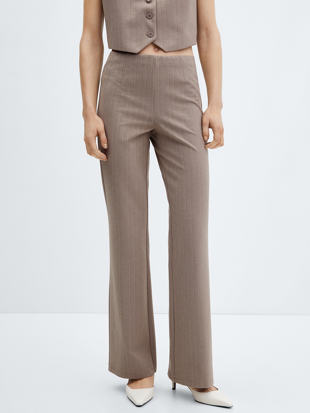 

MANGO Women Striped Straight Fit High-Rise Trousers, Brown