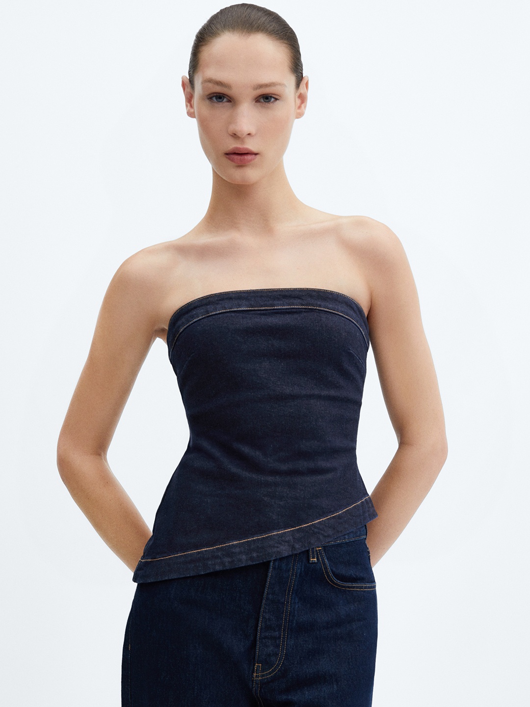 

MANGO Strapless Denim Top, Navy blue