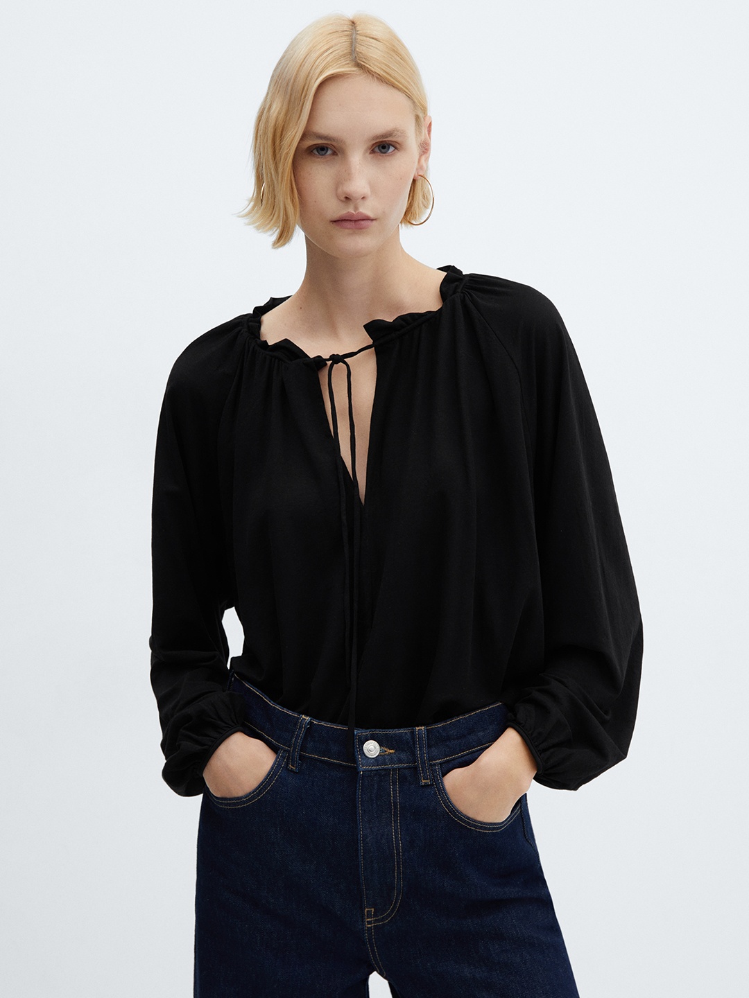 

MANGO Tie-Up Neck Puff Sleeve Top, Black