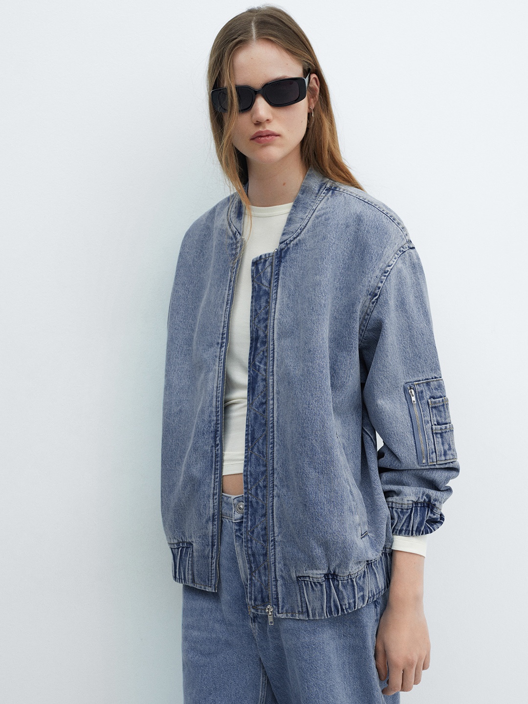 

MANGO Pure Cotton Denim Bomber Jacket, Navy blue