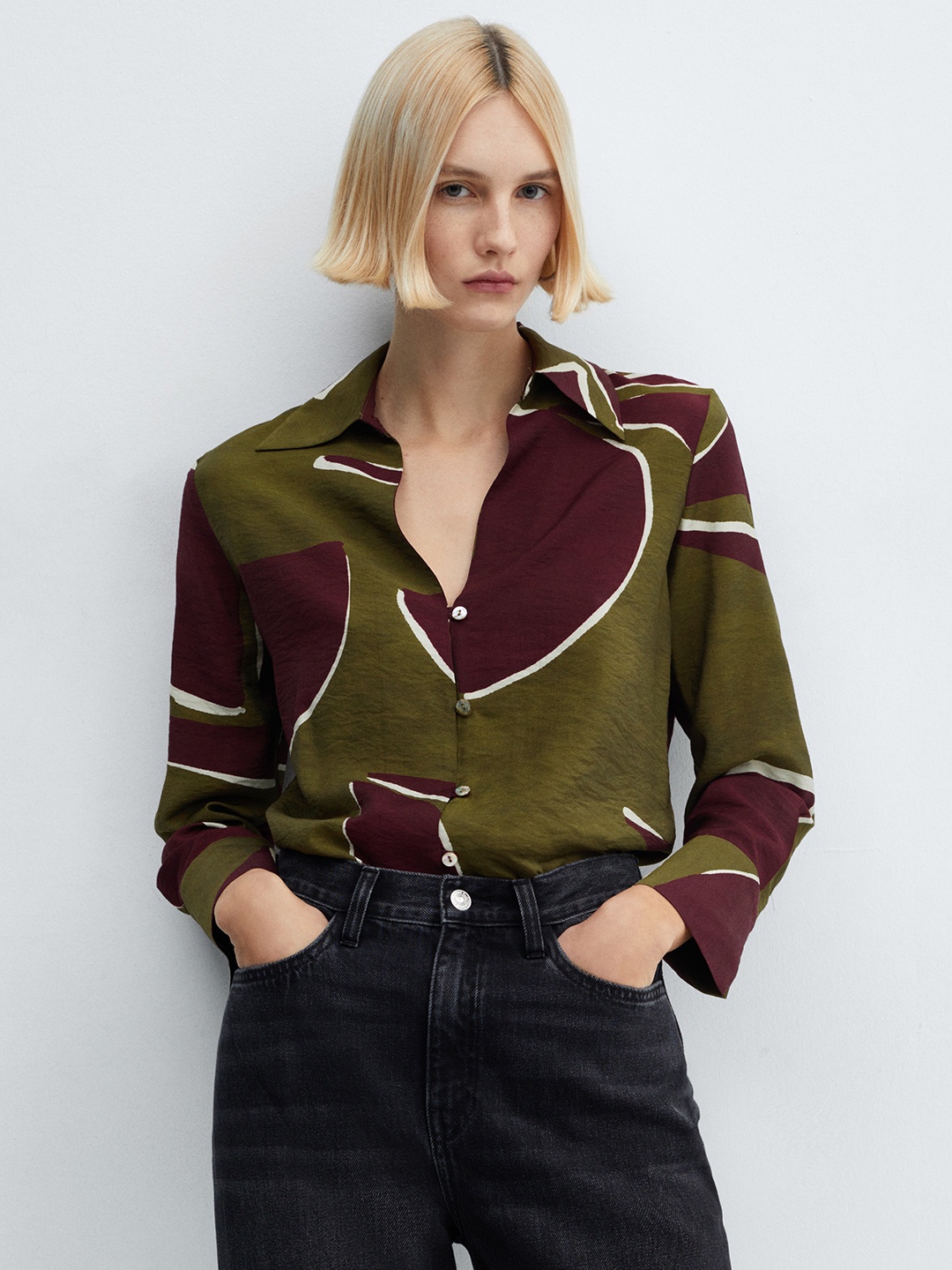 

MANGO Printed Satin-Finish Shirt, Olive