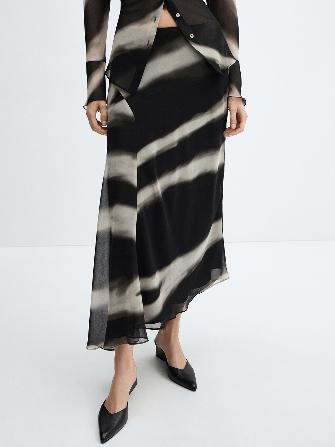 

MANGO Printed Asymmetric Flared Midi Skirt, Black