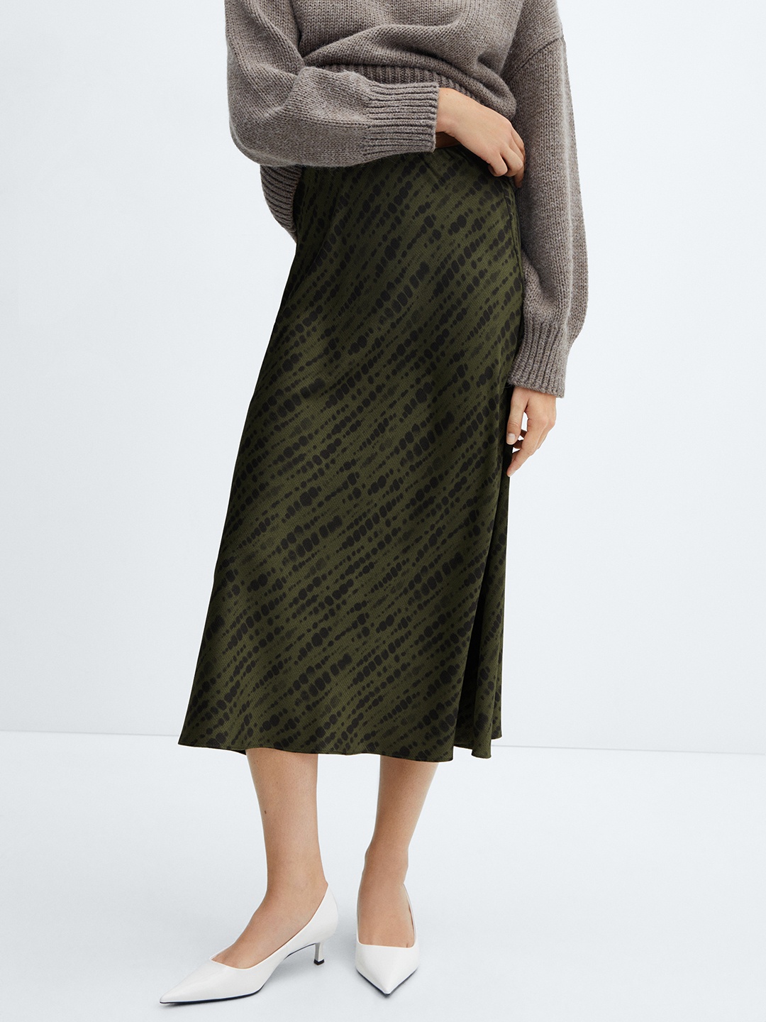 

MANGO Printed A-Line Midi Skirt, Olive