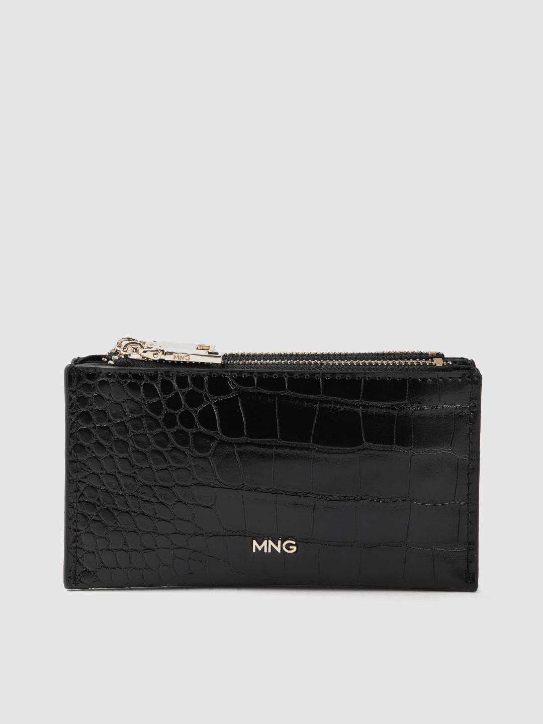

MANGO Women Croc Textured Zip Around Wallet, Black