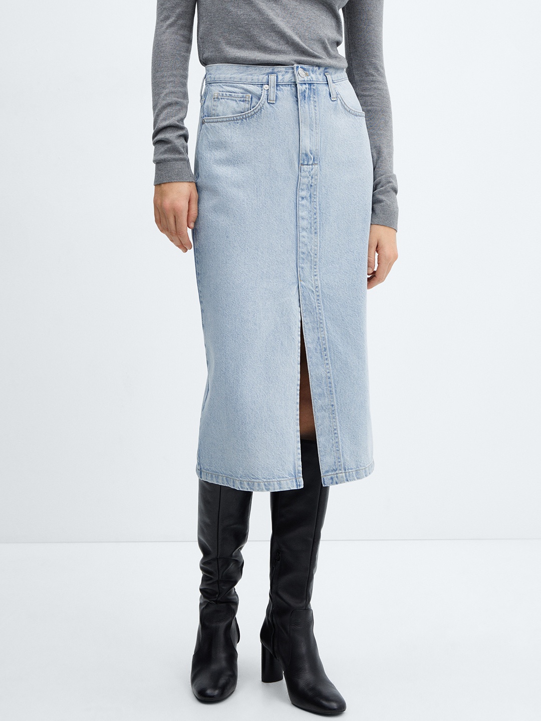 

MANGO Pure Cotton Denim Midi Skirt, Blue