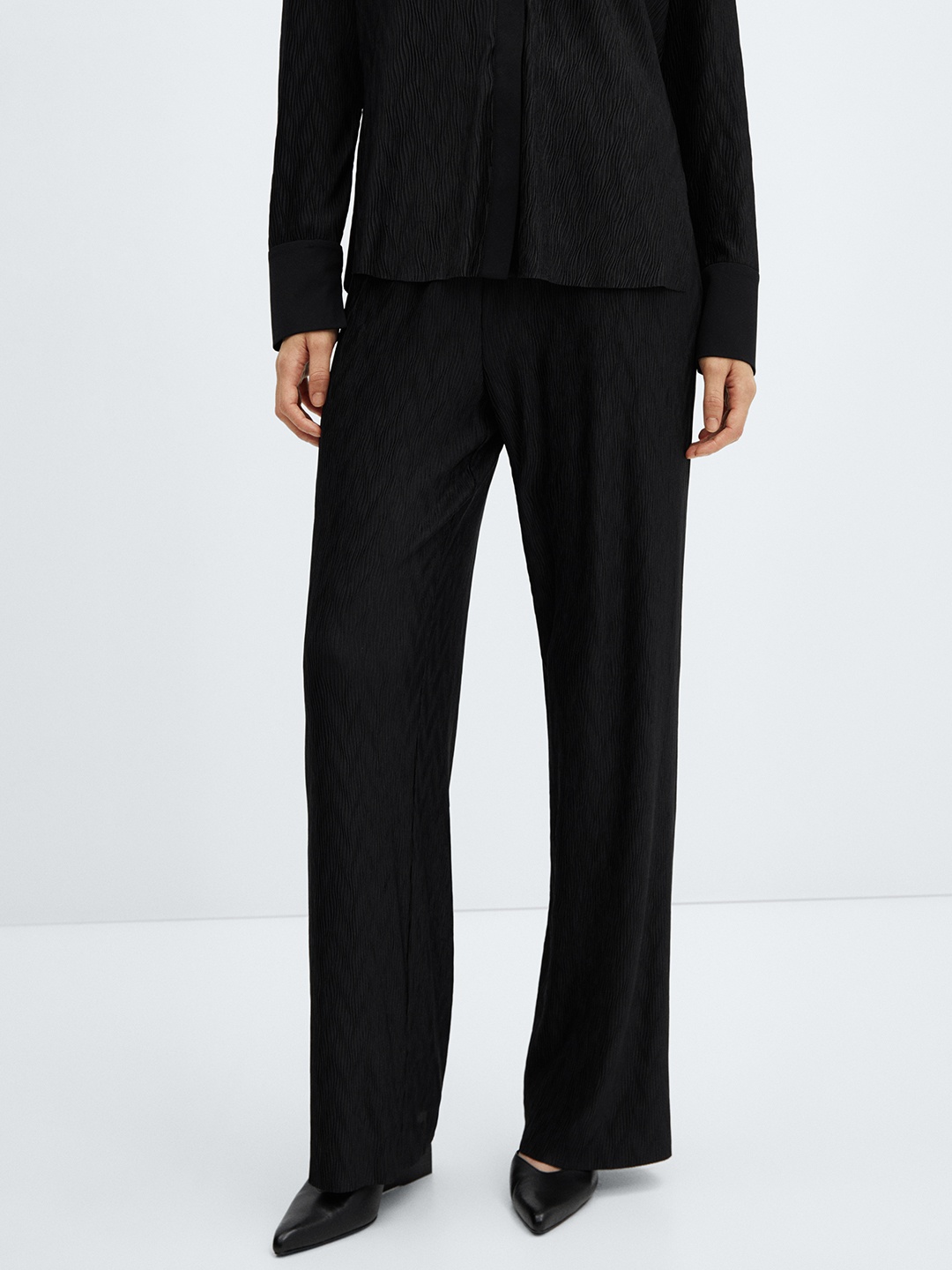 

MANGO Women Textured Wide Leg Trousers, Black