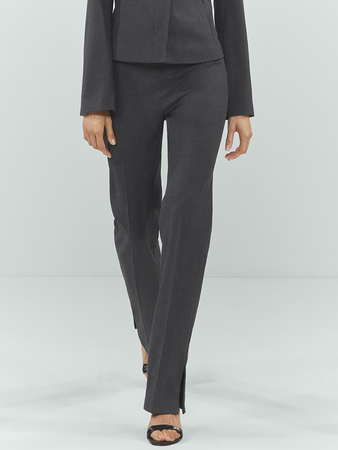 

MANGO Heritage Women Regular Trousers With Hem Slits, Charcoal
