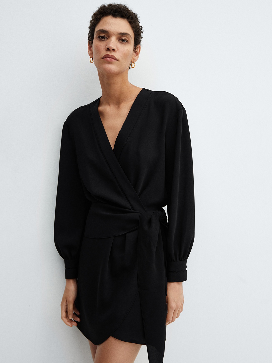

MANGO Puff Sleeves Bow Detail Mini Wrap Dress, Black