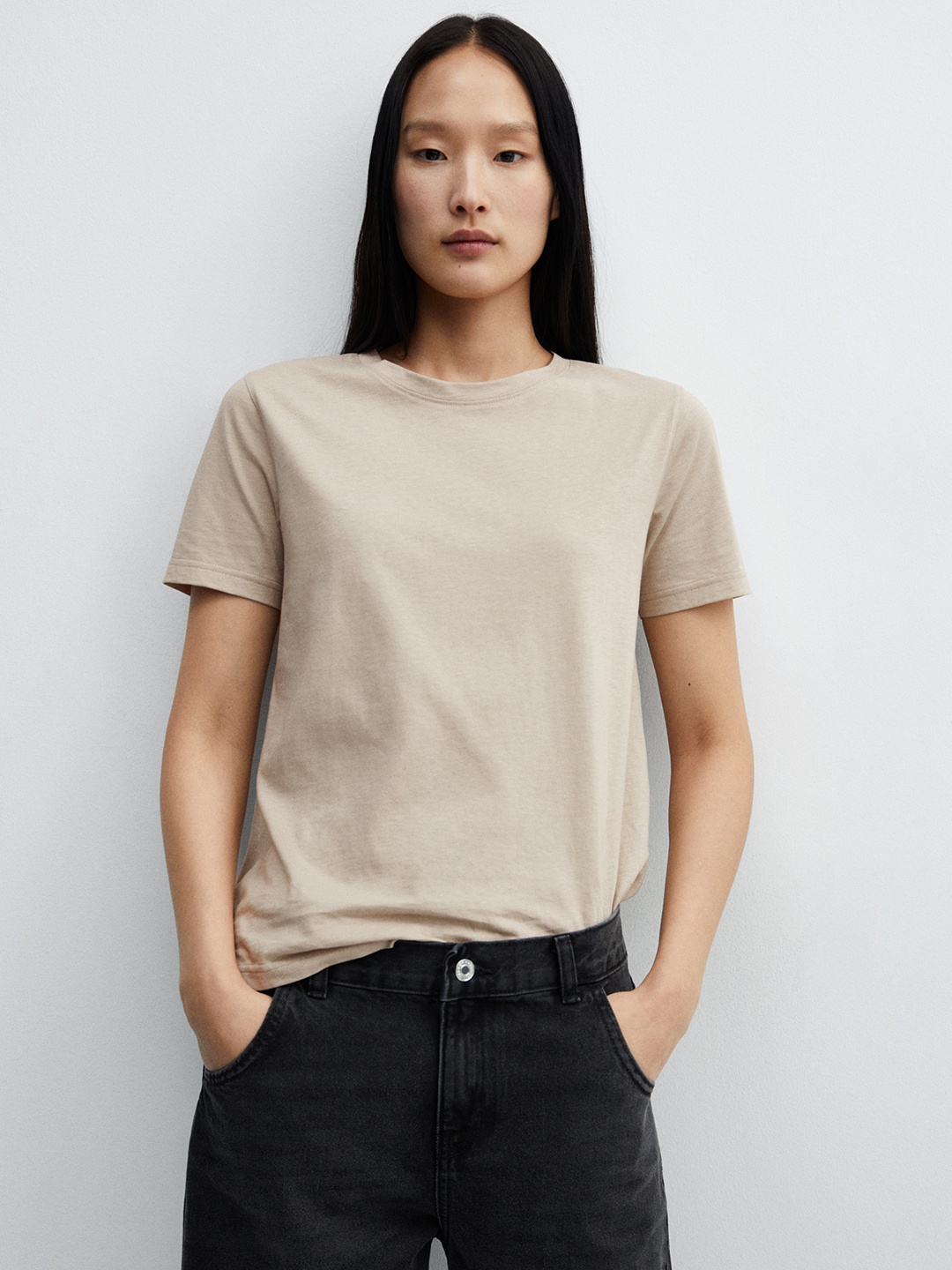 

MANGO Women Pure Cotton T-shirt, Beige