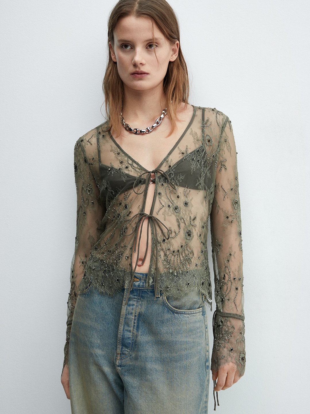 

MANGO Floral Embellished Tie-Up Neck Shirt Style Top, Green