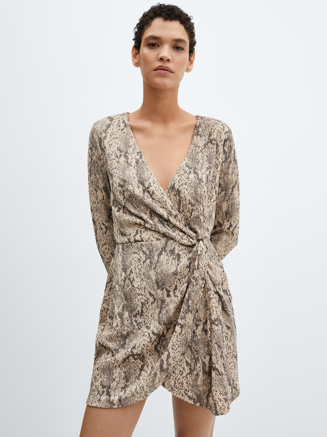 

MANGO Animal Print Mini Wrap Dress, Beige