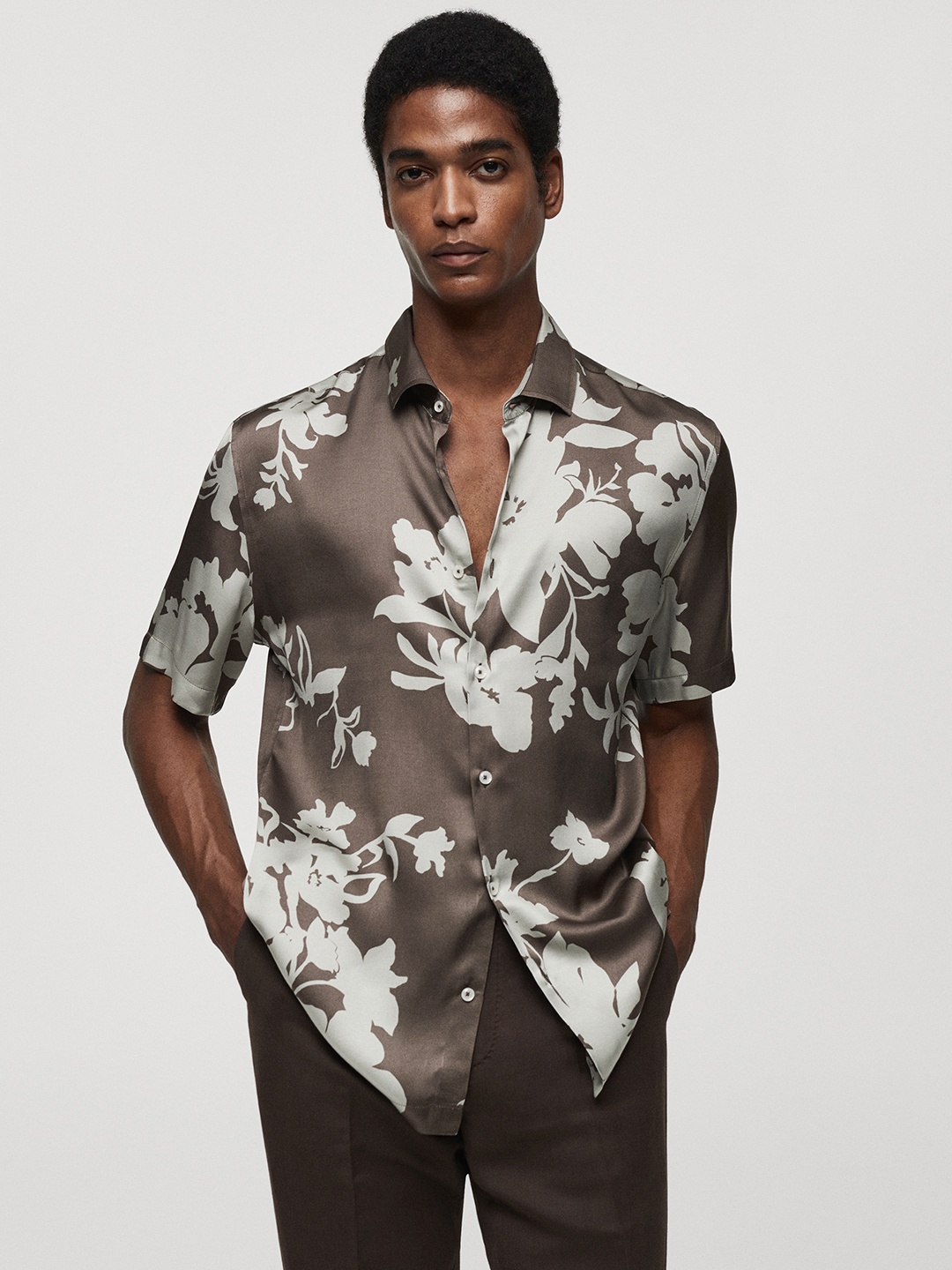 

MANGO MAN Printed Satin Casual Shirt, Brown