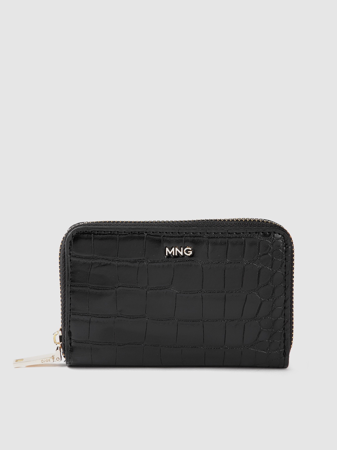 

MANGO Women Croc Textured PU Zip Around Wallet, Black