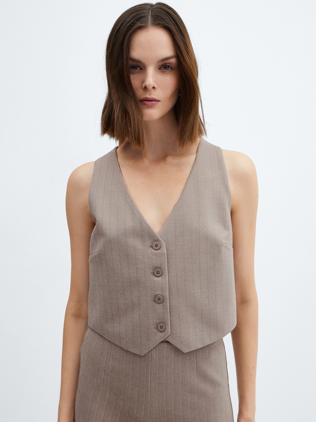 

MANGO V-Neck Woven Waistcoat, Beige