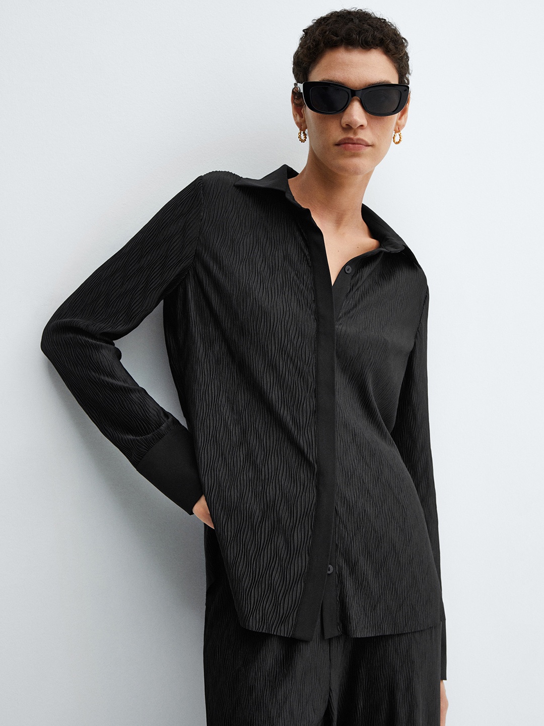 

MANGO Pleated Casual Shirt, Black