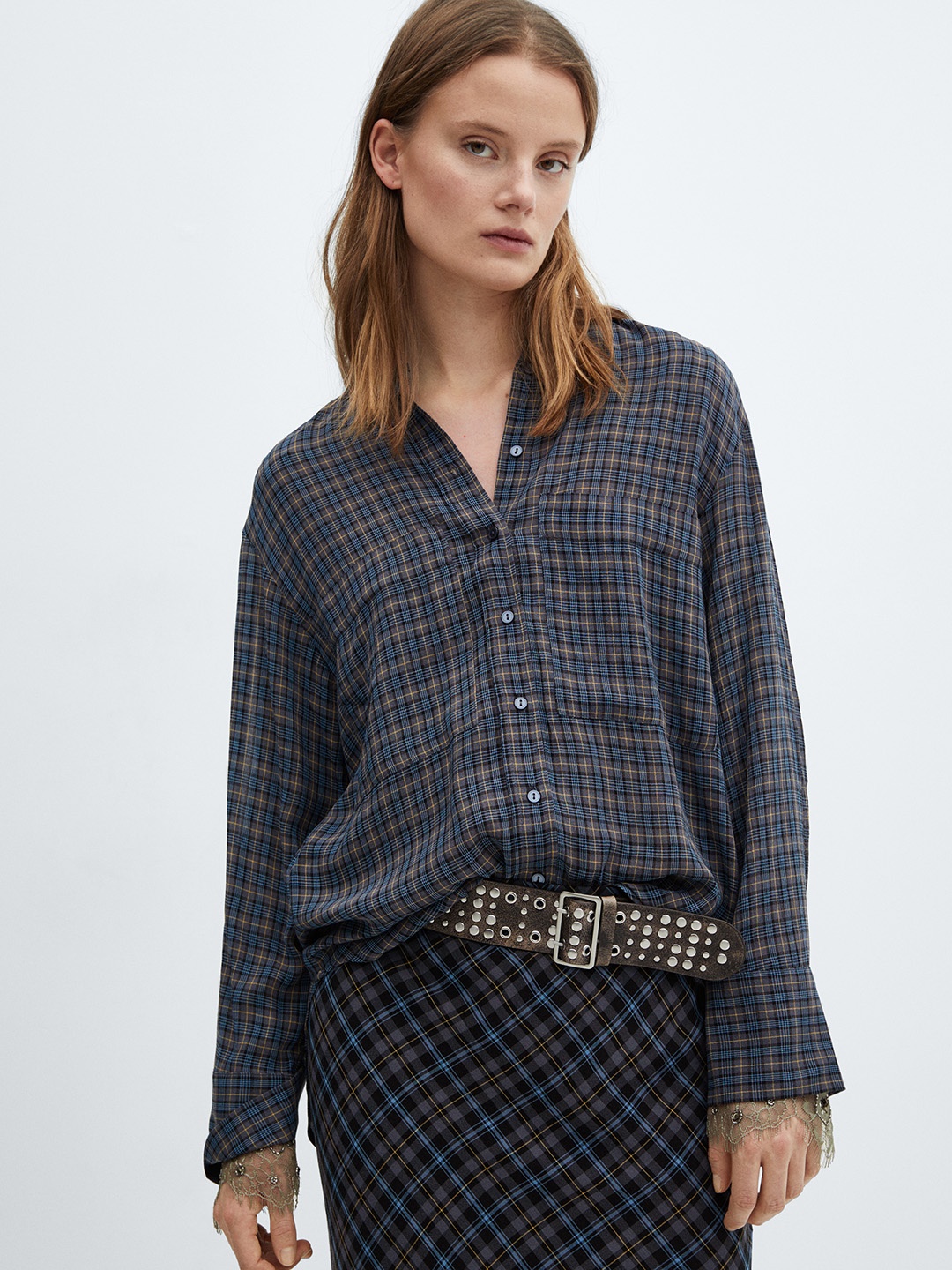 

MANGO Plaid Checks Oversized Shirt, Navy blue