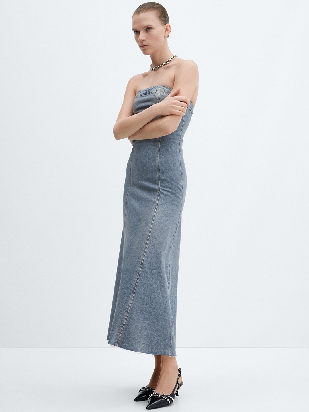 

MANGO Denim Sheath Strapless Dress, Blue