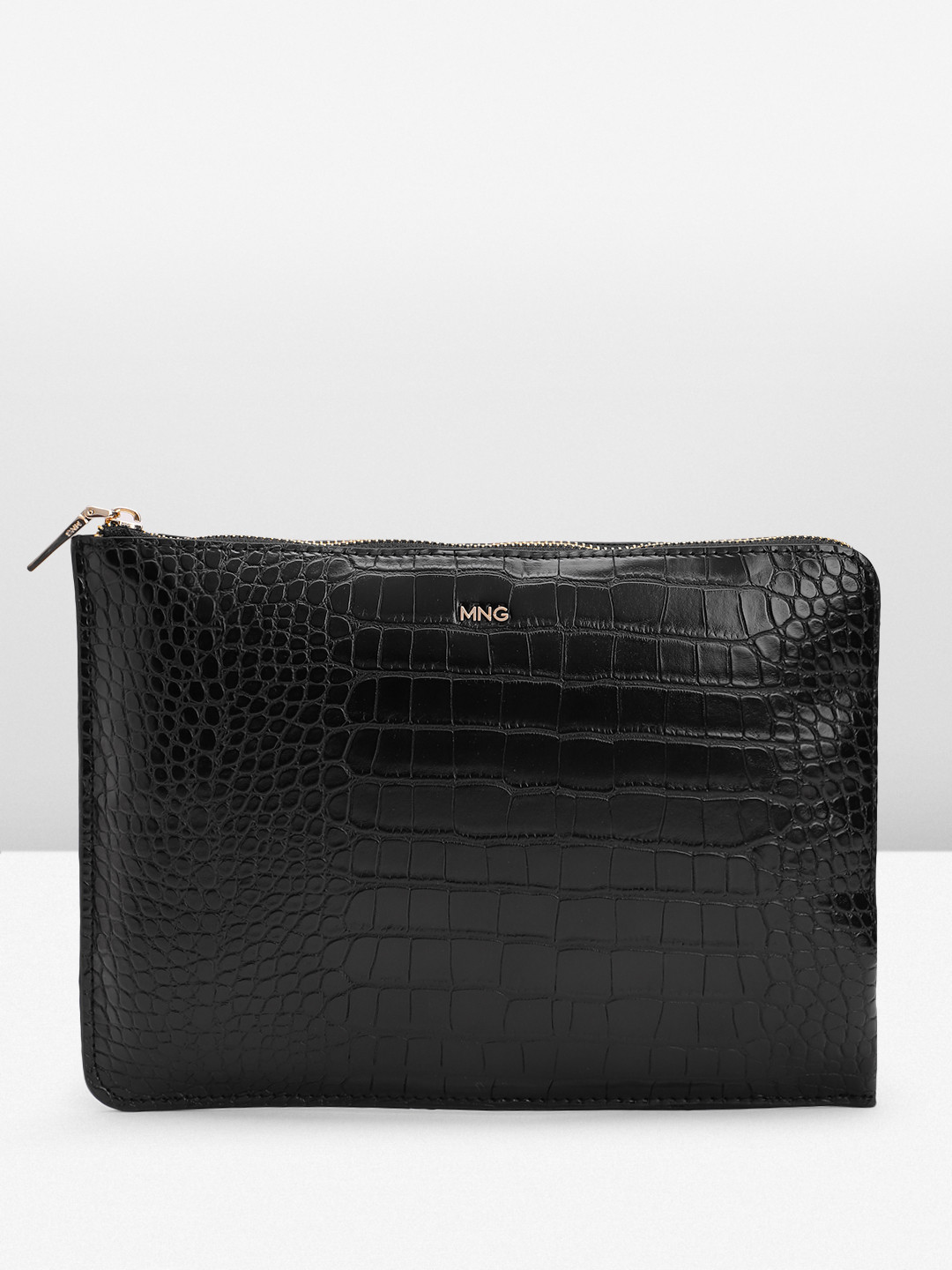 

MANGO Croc Textured Travel Pouch, Black