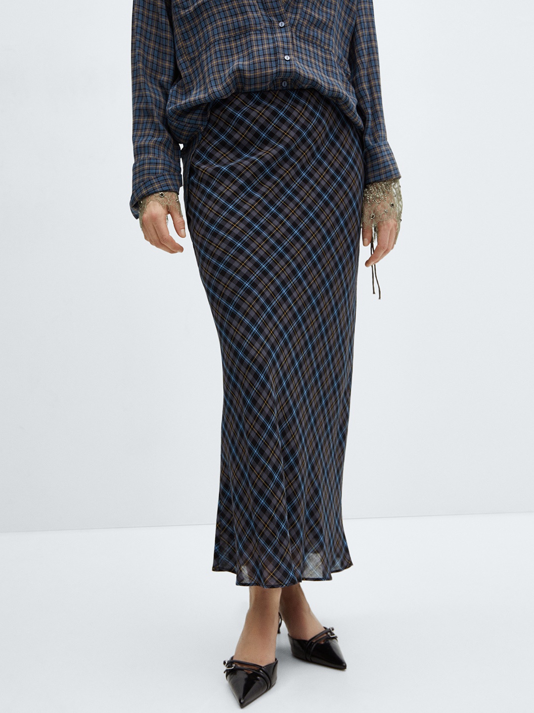 

MANGO Checked Pencil Midi Skirt, Navy blue