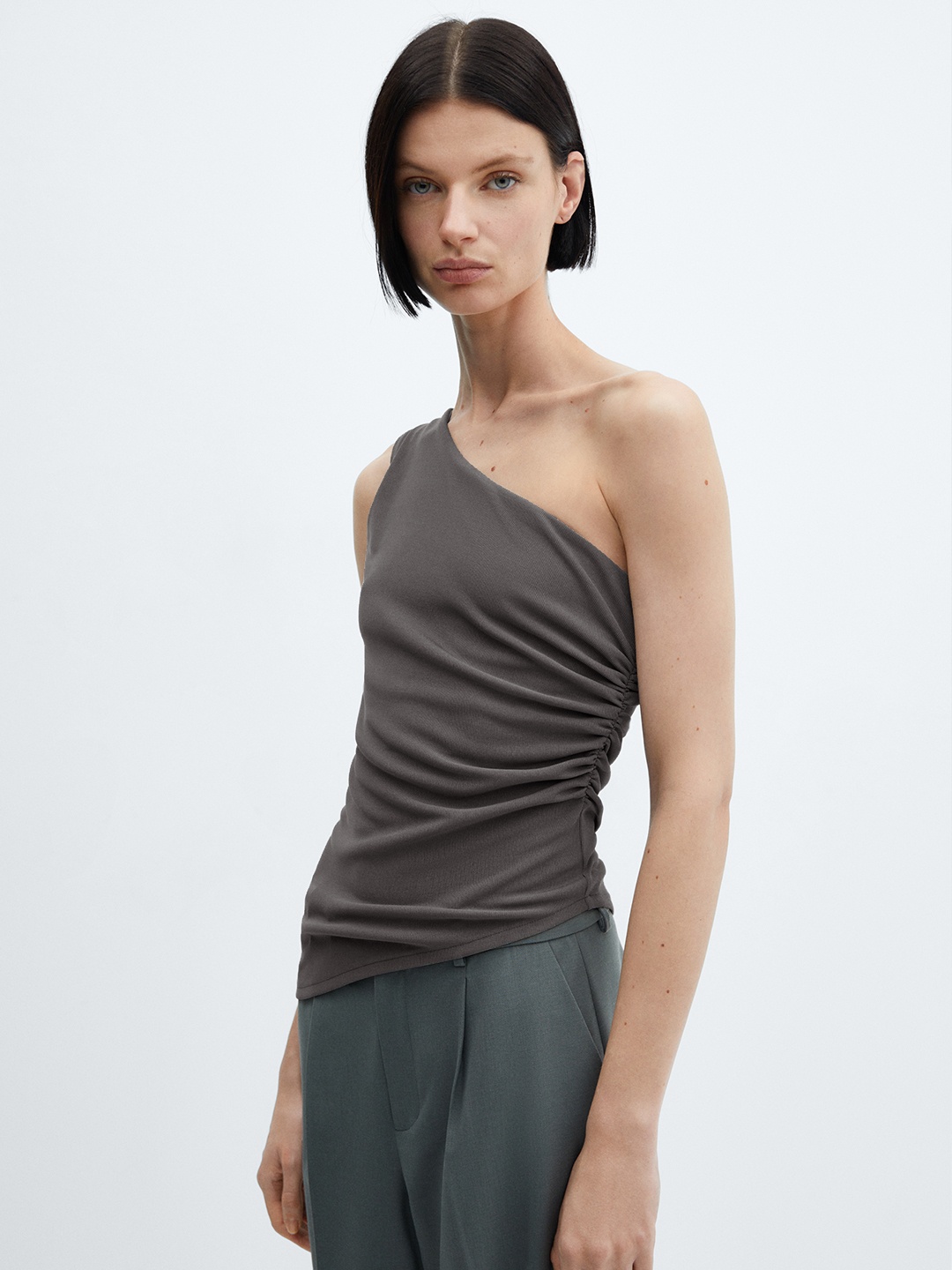 

MANGO One Shoulder Asymmetric Hem Ruched Top, Grey