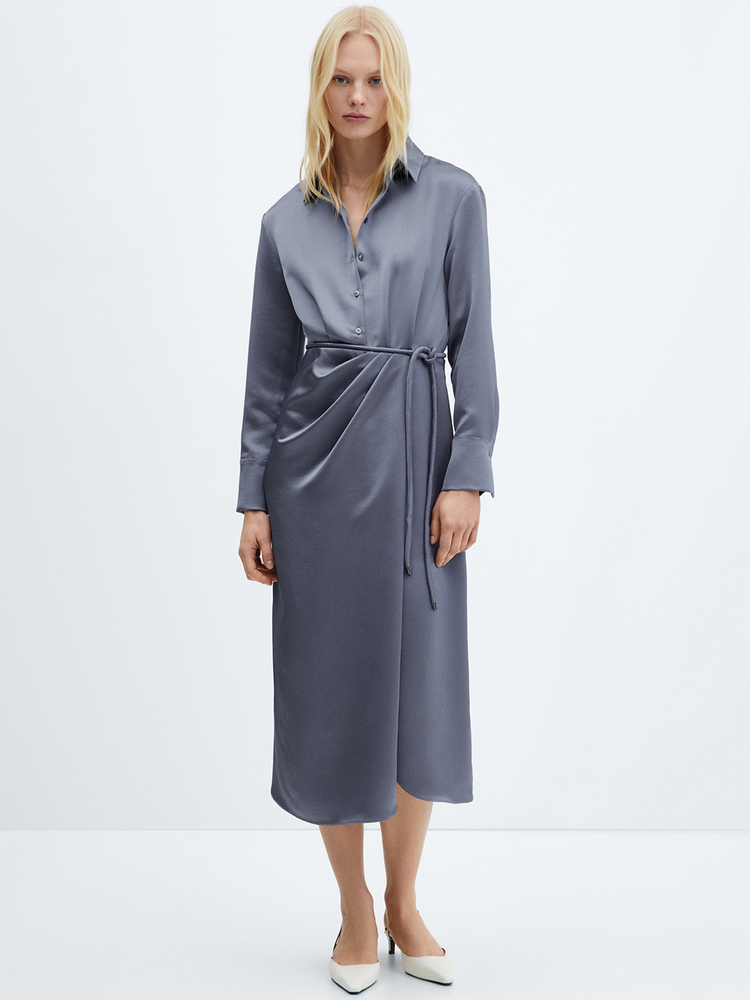 

MANGO Satin Finish Shirt Midi Dress, Blue