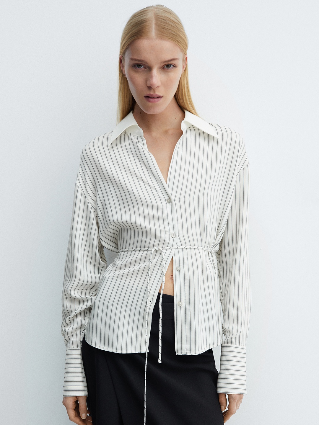 

MANGO Women Opaque Striped Casual Shirt, White