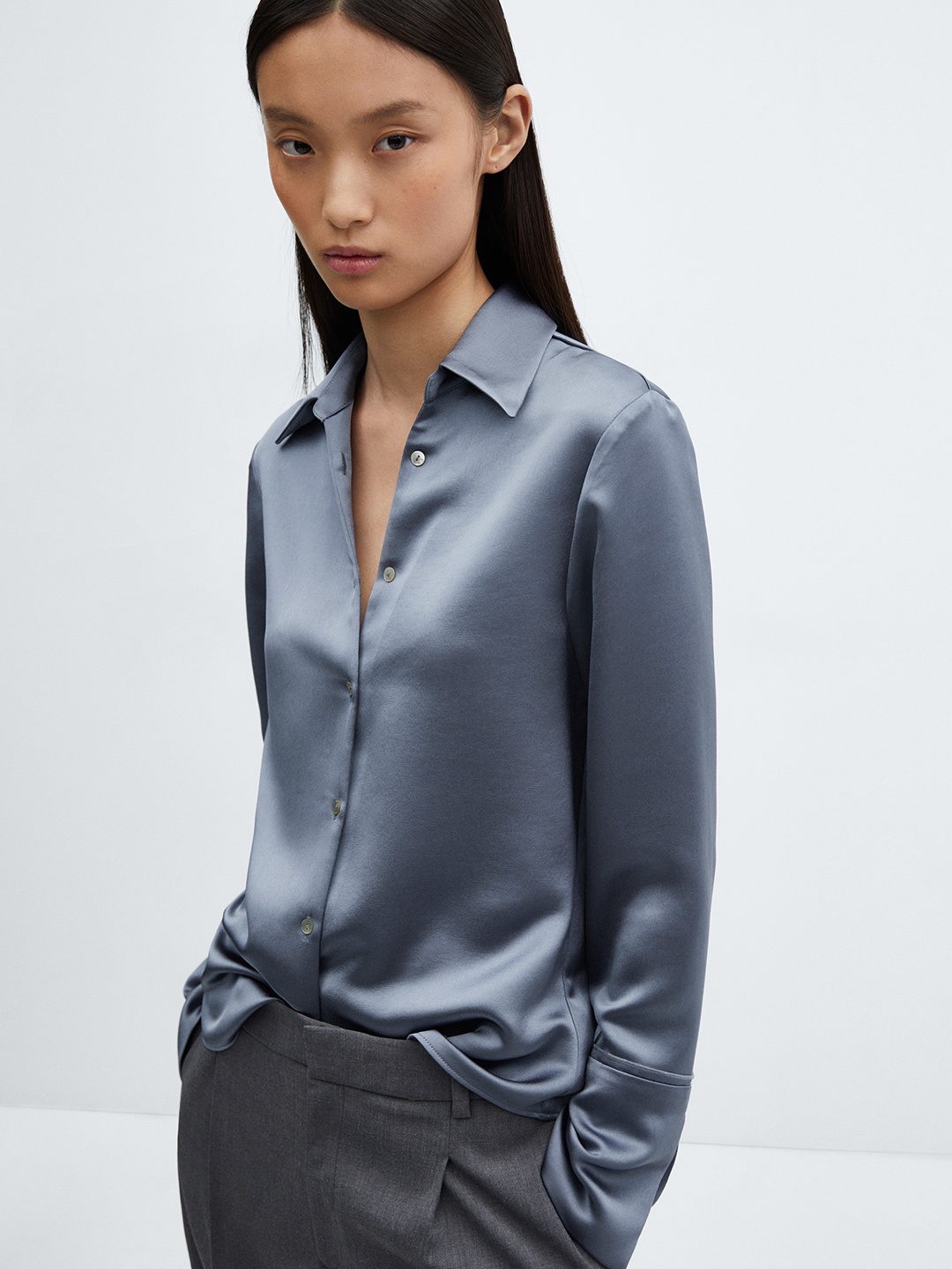 

MANGO Satin-Finish Shirt, Blue