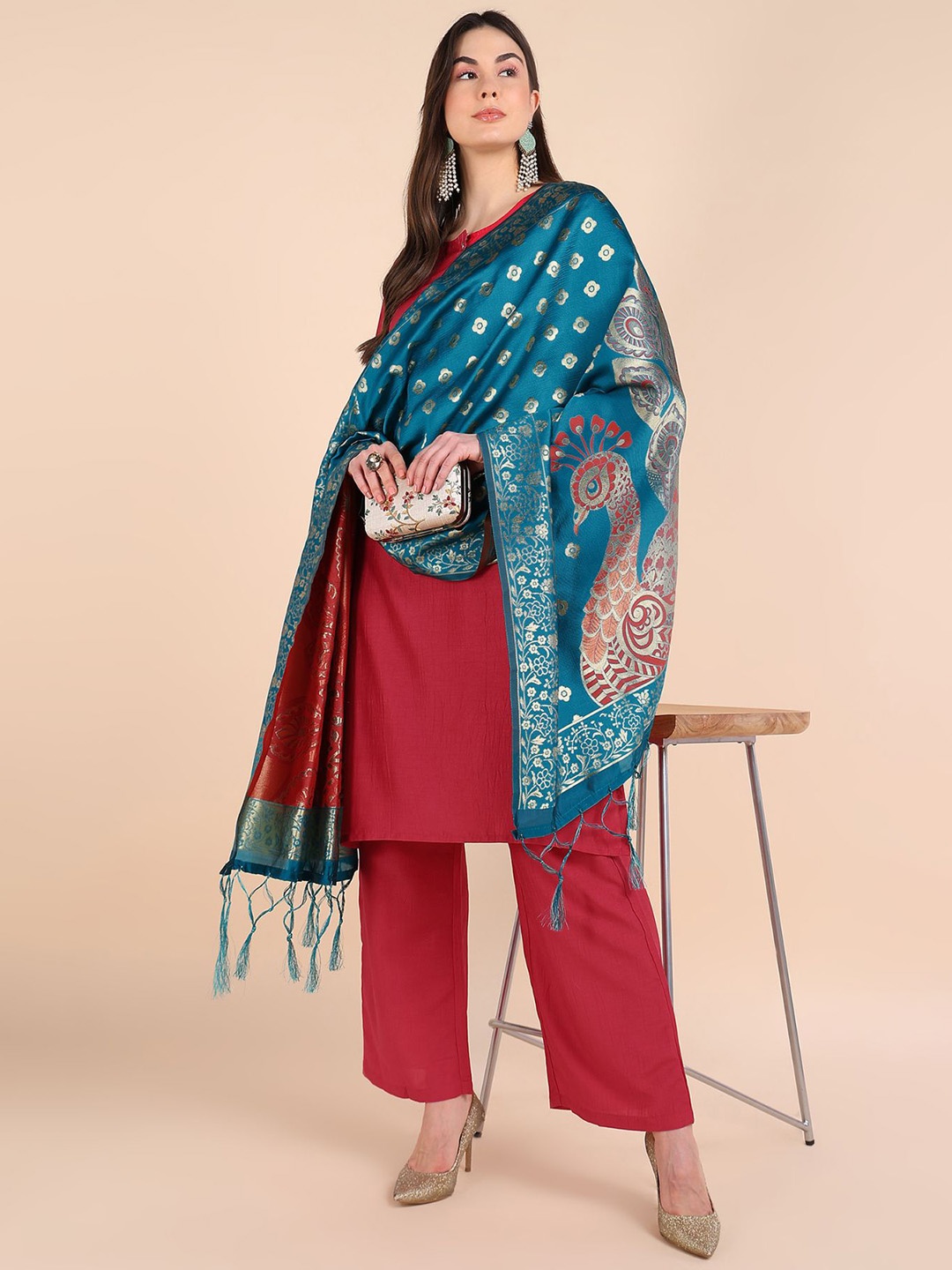 

House Of Zelena Round Neck Maternity Straight Kurta & Palazzos With Dupatta, Fuchsia
