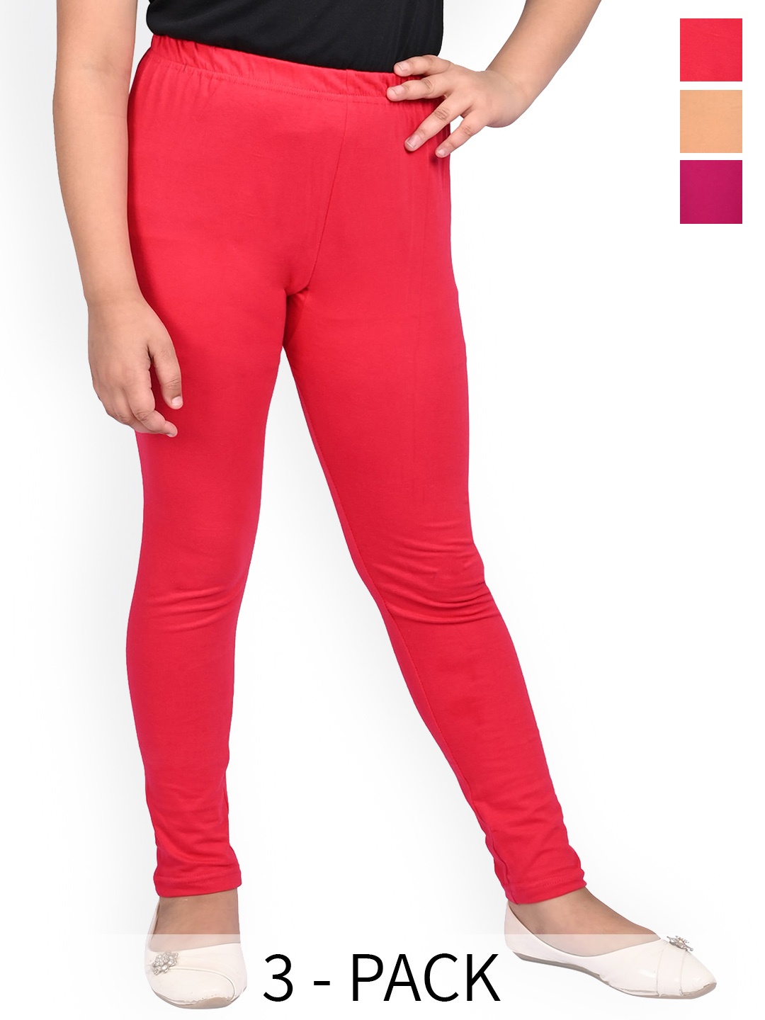 

BAESD Girls Pack Of 3 Slim Fit Churidar Length Leggings, Red
