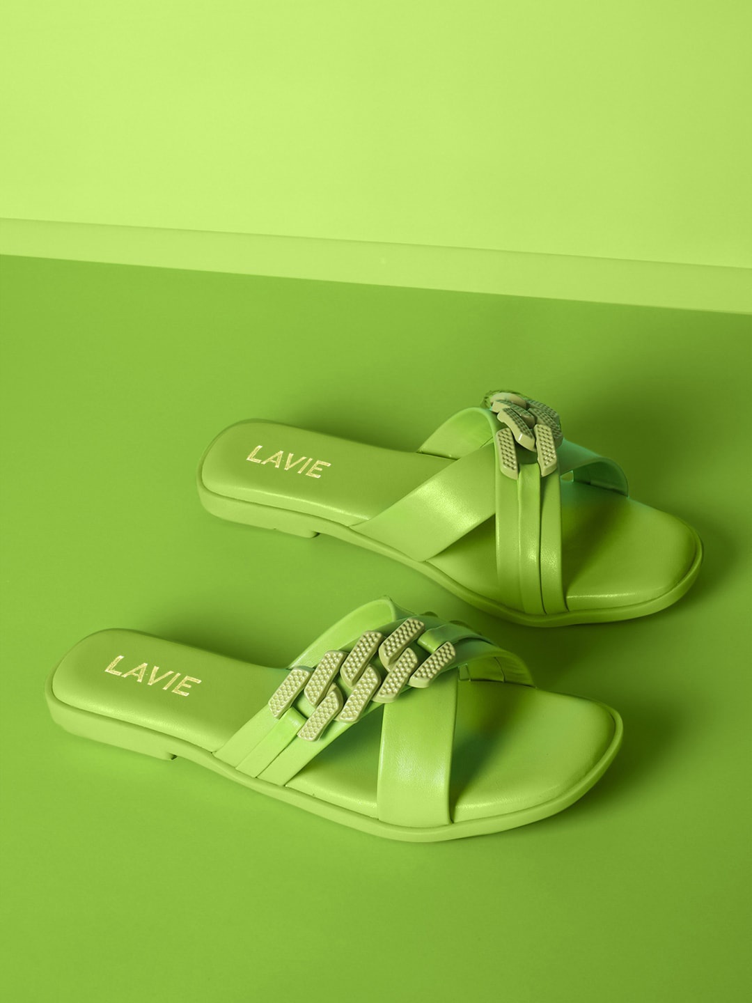 

Lavie Buckles Detail Open Toe Flats, Green