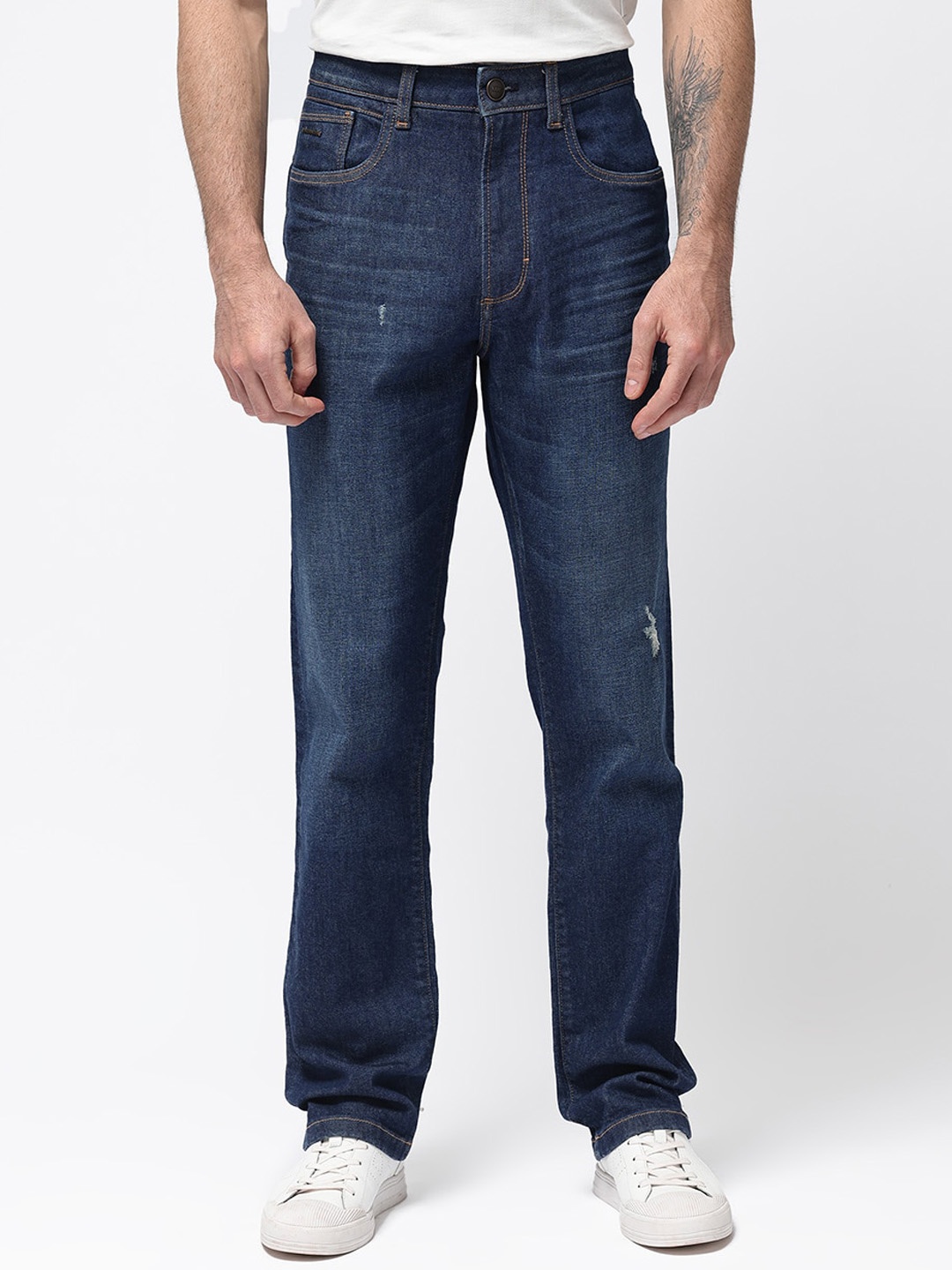 

RARE RABBIT Men Traingle Mid Wash Regular Fit Stretchable Jeans, Blue