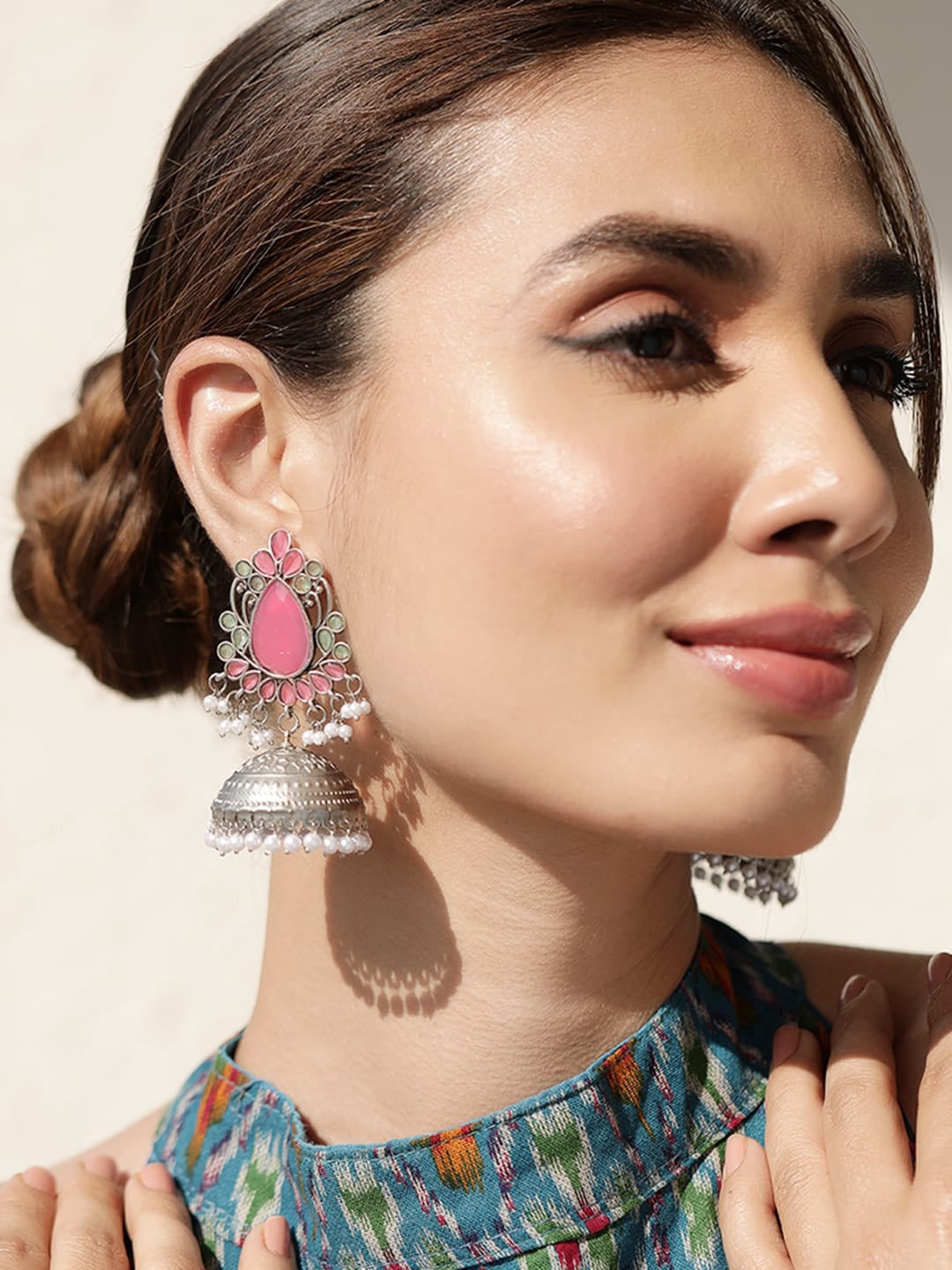 

Rubans Silver-Plated Crystals Studded Beads Beaded Dome Shaped Jhumkas