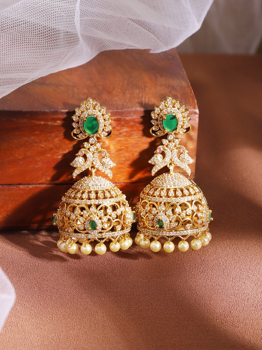 

Rubans 22KT Gold-Plated Emerald & AD Filigree Jhumka Earring