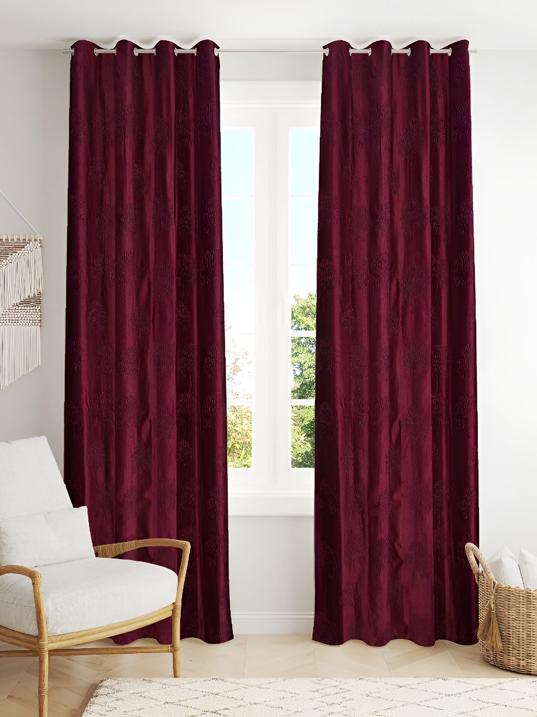 Galaxy Home Decor Burgundy 2 Pieces Floral Room Darkening Long Door Curtains