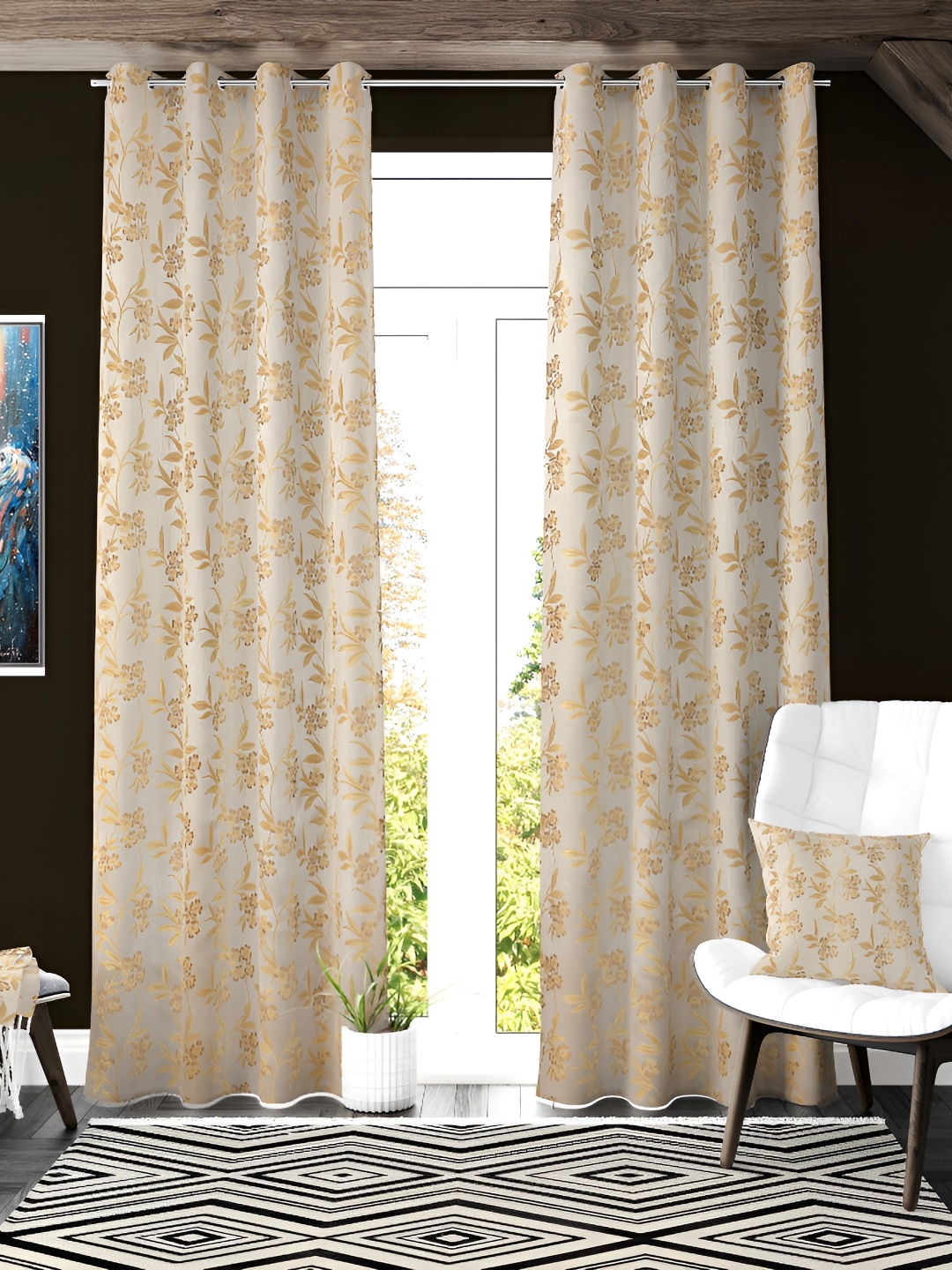 

Galaxy Home Decor Beige 2 Pcs Floral Room Darkening Long Door Curtain