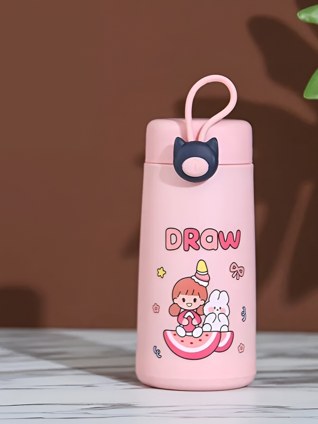 

WELOUR Pink Cartoon Characters Printed Tip Open Metal Water Bottle 350 ml