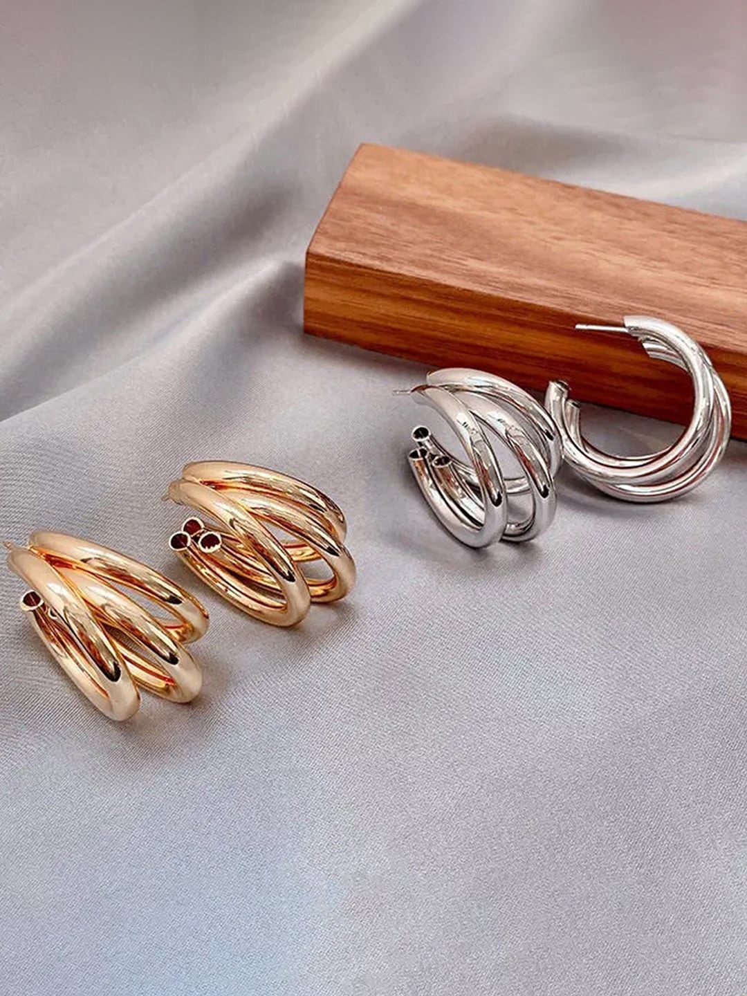 

Jewels Galaxy Set Of 2 Contemporary Half Hoop Earrings, Silver