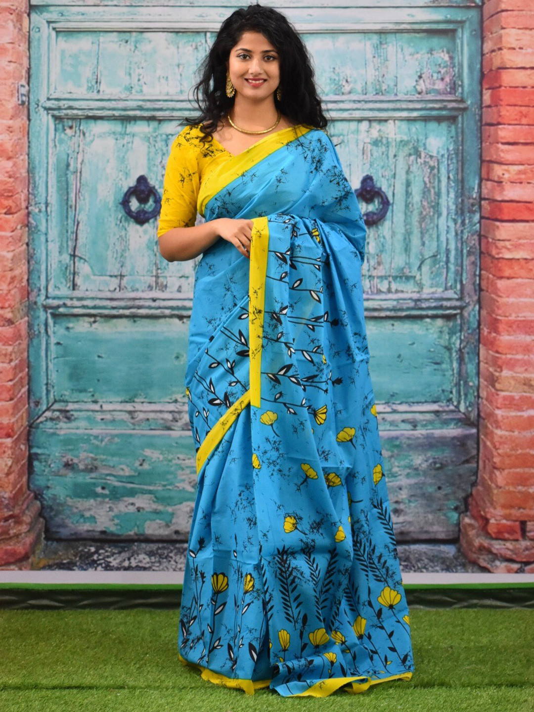 

KIAARON Ethnic Motifs Printed Pure Cotton Saree, Blue