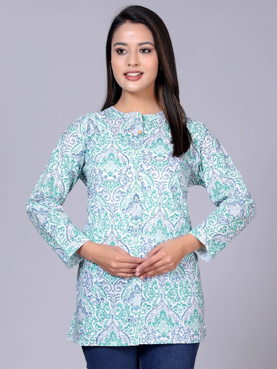 

HERE&NOW Mandarin Collar Classic Floral Printed Casual Pure Cotton Shirt, Off white
