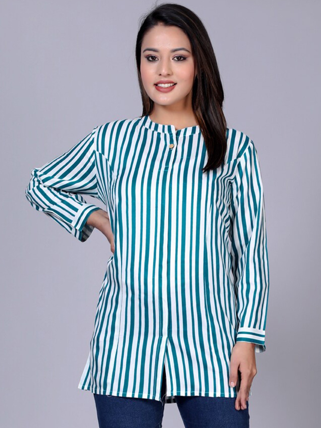 

HERE&NOW Mandarin Collar Classic Striped Casual Pure Cotton Shirt, Green